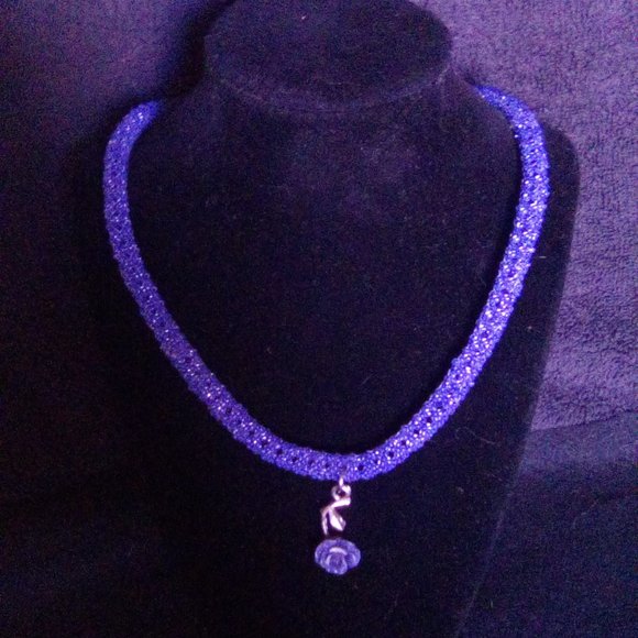 Hand Crafted Jewelry - Hand Crafted  Blue Tubular beaded necklace with a blue Rose